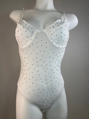 Forever 21 White Rhinestone Mesh Bodysuit MEDIUM